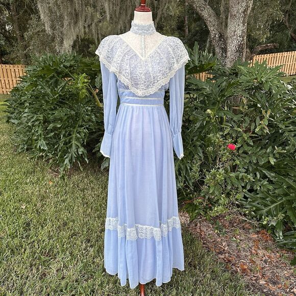70s Candi Jones California Vintage Prairie Maxi Blue Lace High Neck Long 9 - Picture 14 of 14